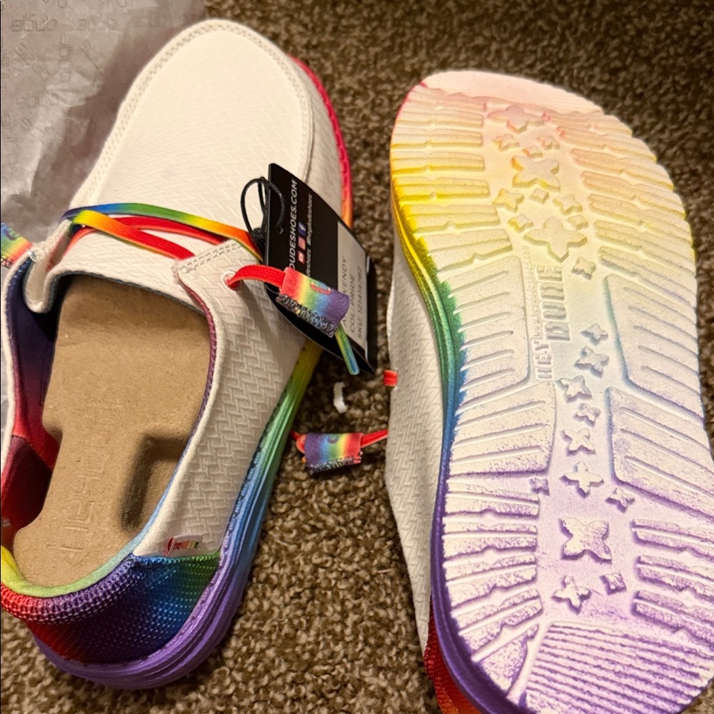 Hey Dude White Sneakers with Rainbow PRIDE Accents